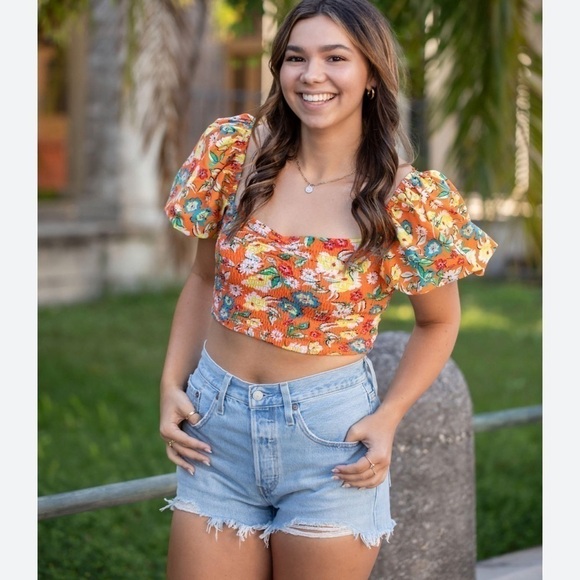 Zara orange floral flower smocked puff sleeve sweetheart neckline crop top L NWT - Picture 4 of 12